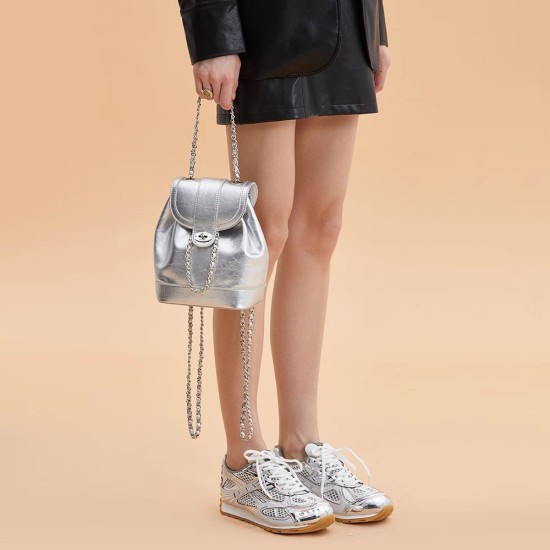 Shoulder Bag, Women's Oil Wax Leather Chain Backpack, Silver Backpack